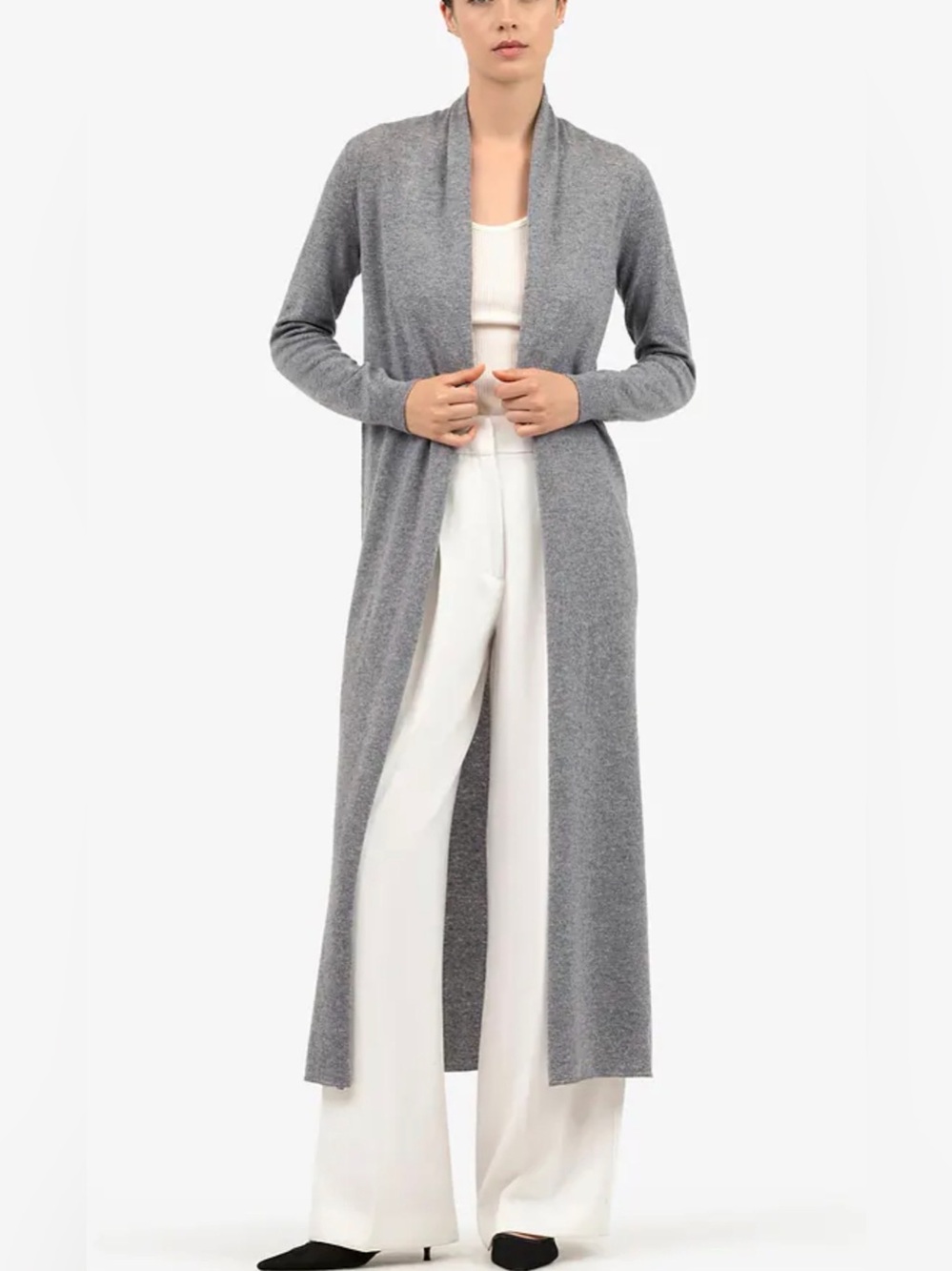 Long Open-Front Grey Knit Duster Cardigan